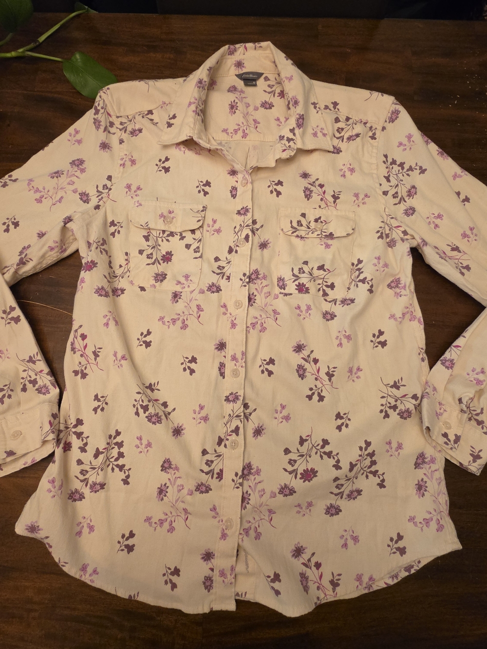 Eddie Bauer Floral Button Down LonCream Button-Up Shirt with Purple Floral Print